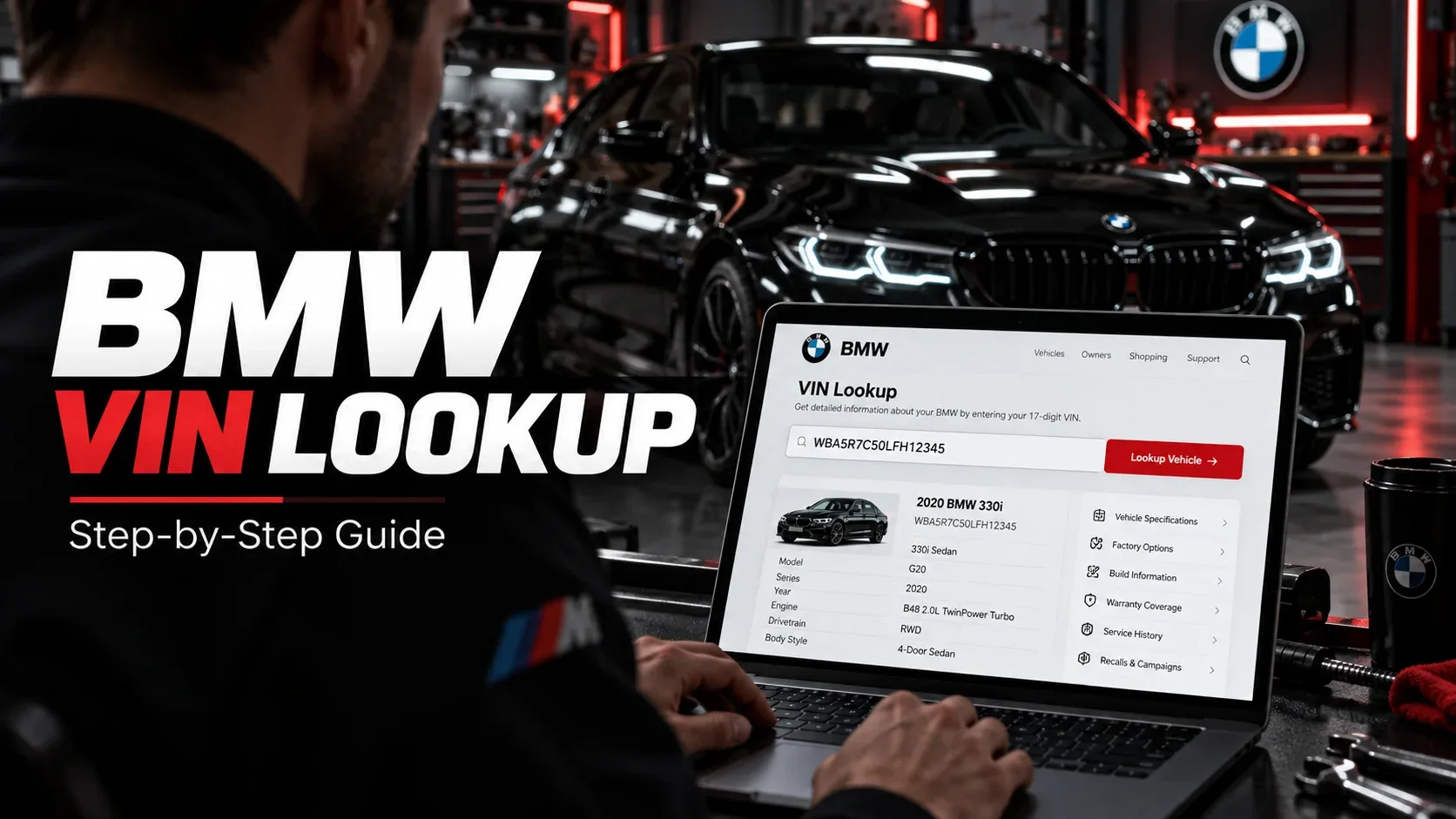 BMW VIN lookup process on laptop showing vehicle identification search