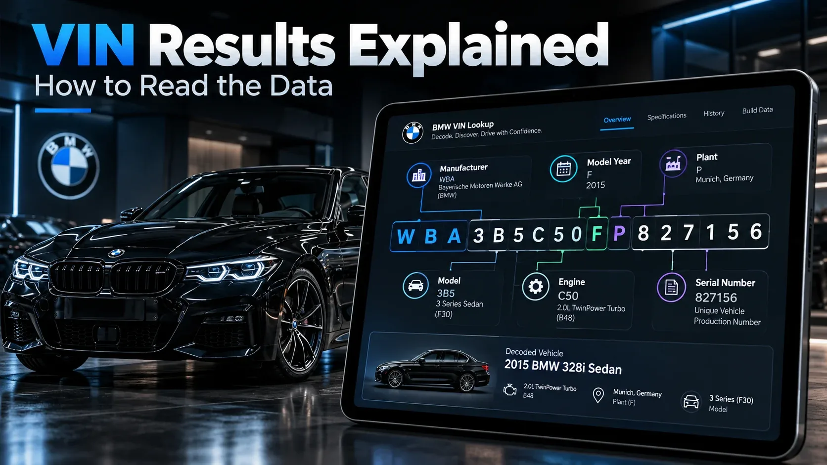 BMW VIN decoding results explaining manufacturer model year plant engine and serial information