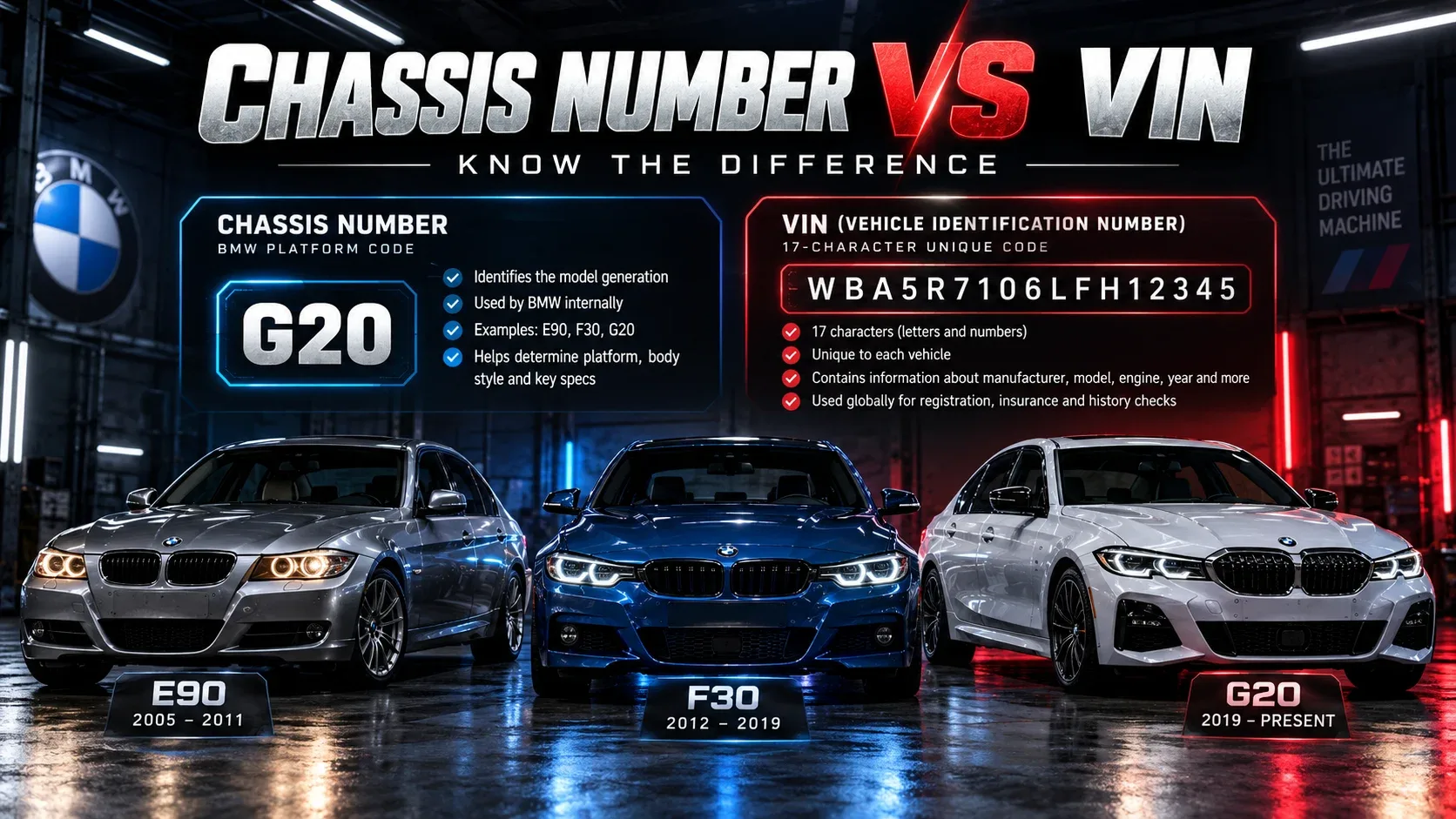 BMW chassis number versus VIN comparison with E90 F30 and G20 3 Series generations