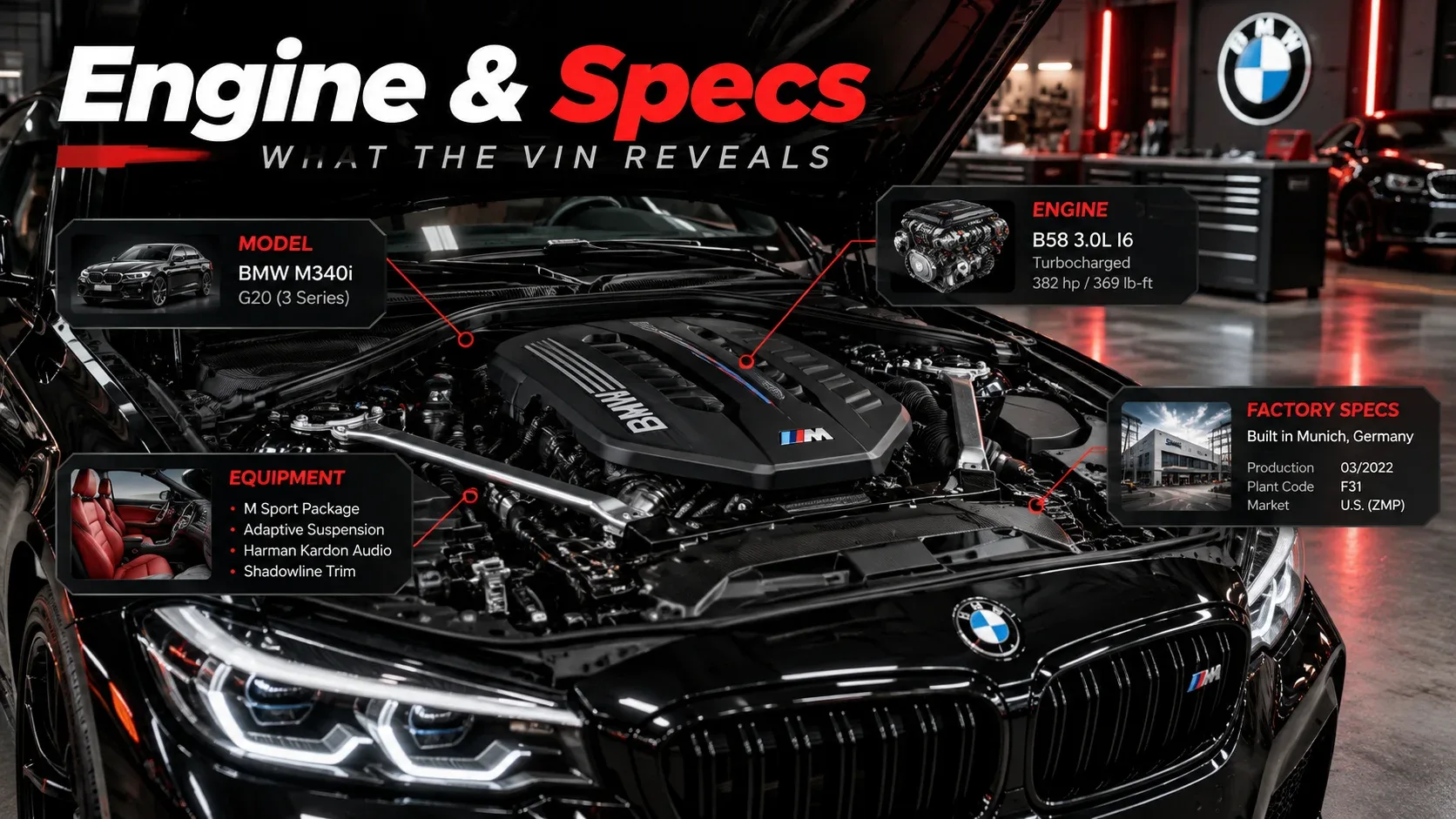 BMW engine and factory specifications with vehicle components and technical callouts