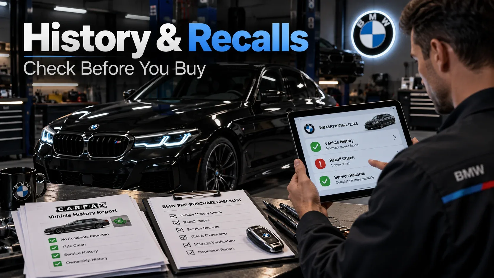 BMW history and recalls verification with a technician reviewing vehicle records