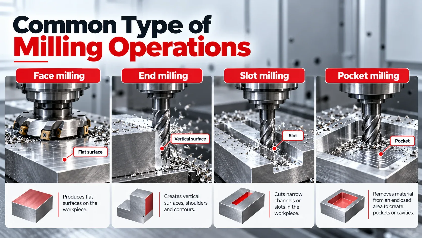 Common milling operations including face milling, end milling, slot milling and pocket milling