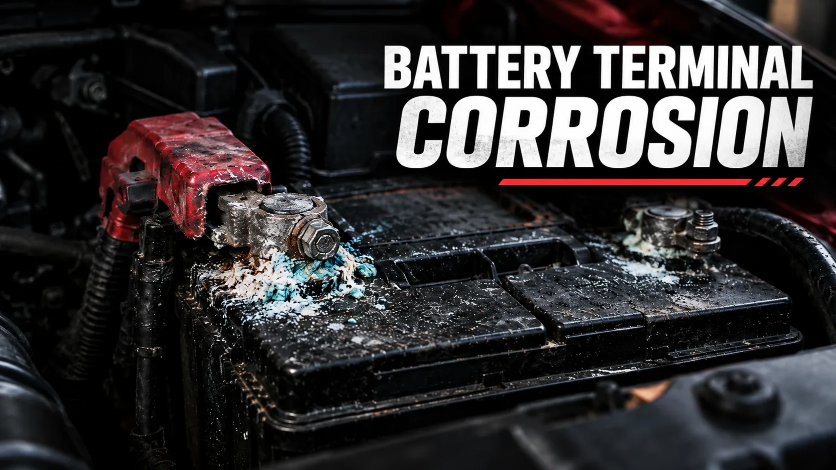 White and bluish corrosion around the terminals of a car battery