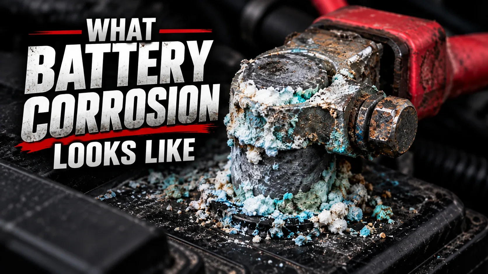 Close-up of crusty white and blue corrosion on a car battery terminal