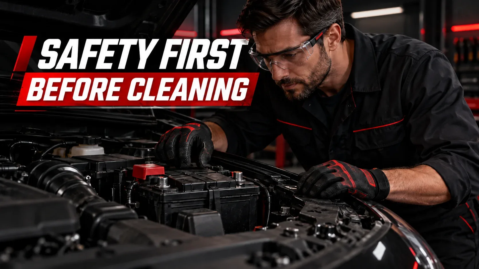 Mechanic wearing gloves and safety eyewear inspecting a car battery before cleaning