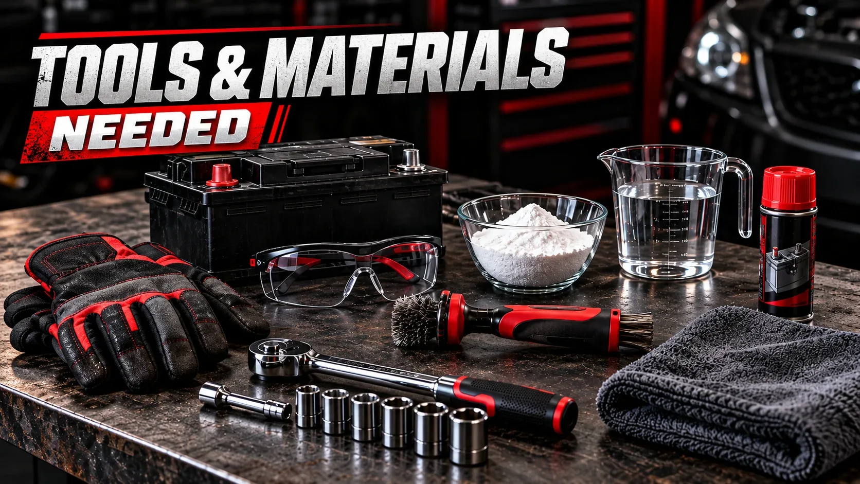 Protective gloves goggles wrench terminal brush baking soda water and cloth ready for battery cleaning