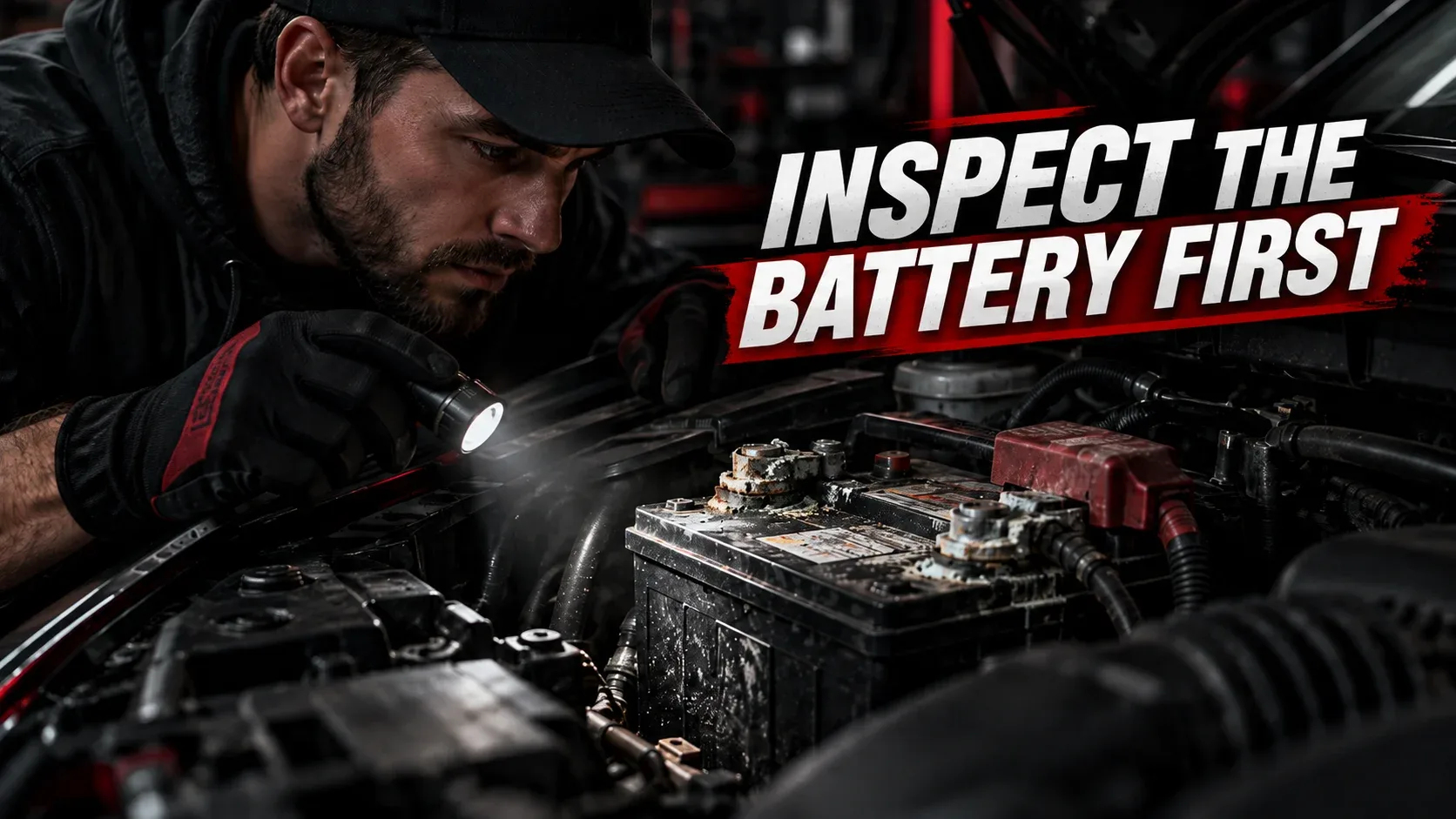 Car owner inspecting corroded battery posts before disconnecting cables