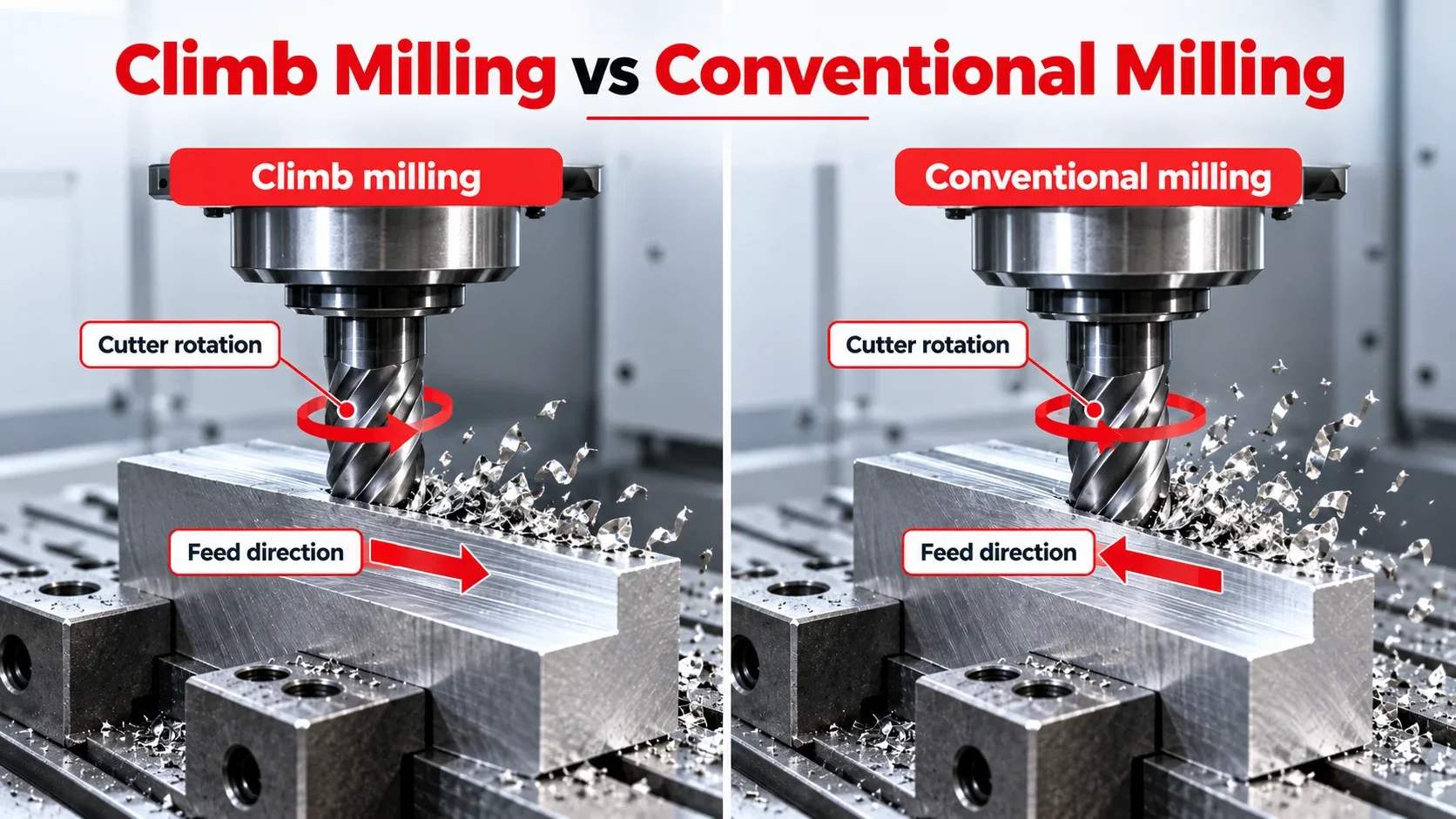 Climb milling vs conventional milling with cutter rotation and feed direction