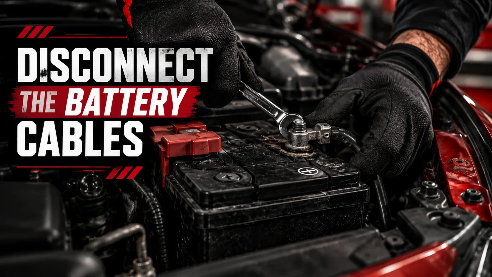 Gloved mechanic loosening a car battery terminal clamp with a wrench