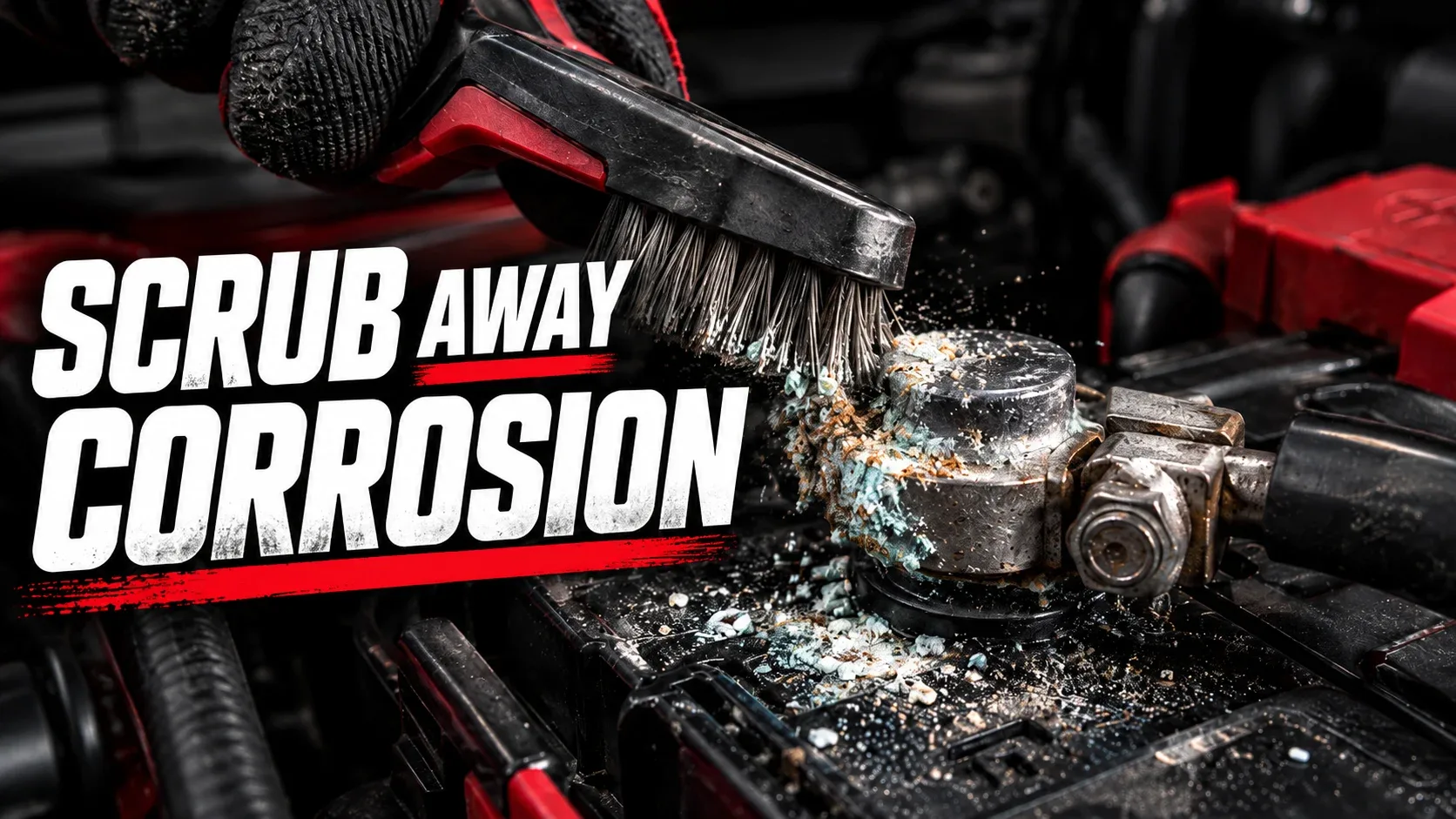 Battery terminal brush removing white and green corrosion buildup from a metal clamp