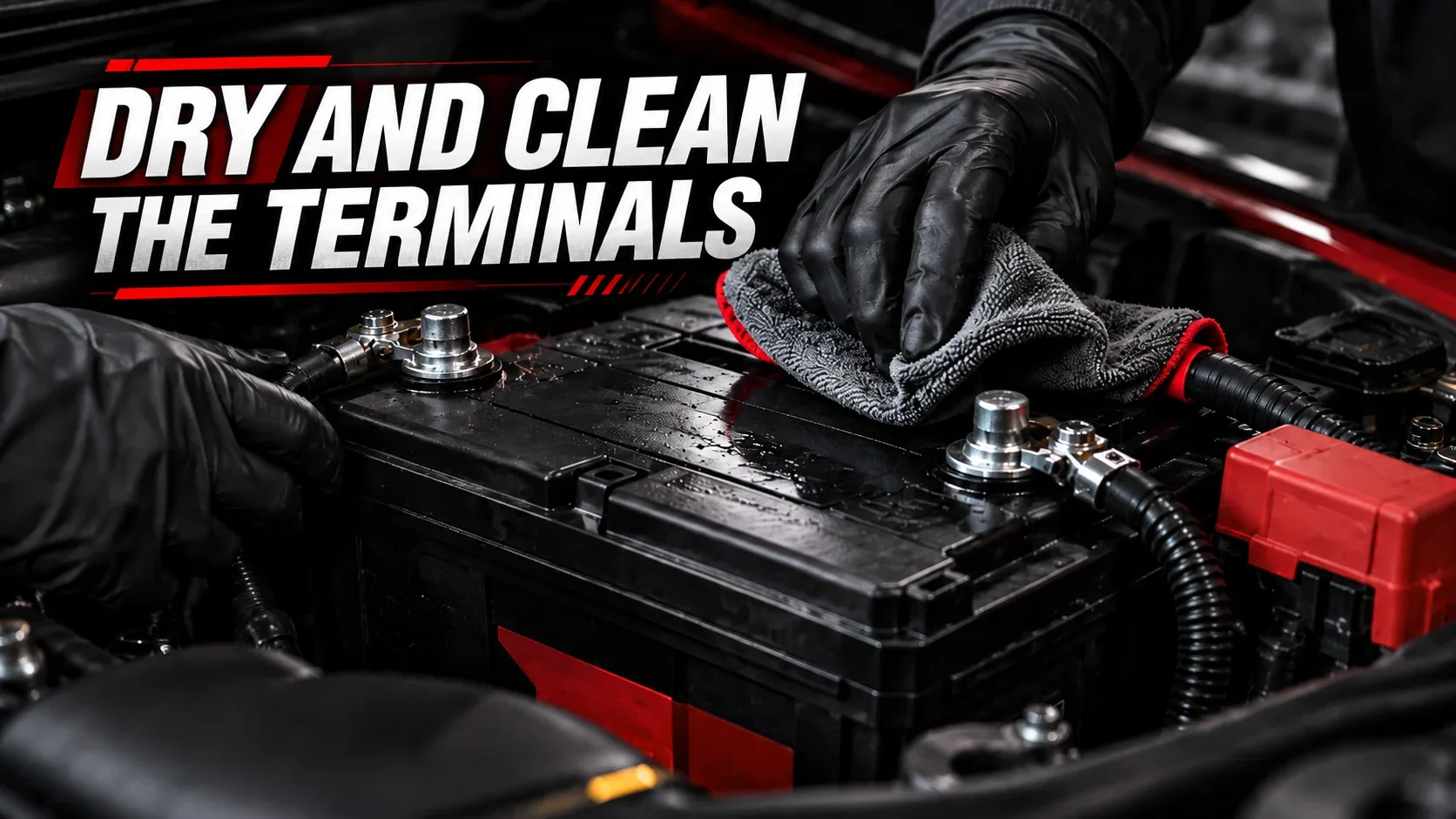 Gloved hand wiping a clean car battery top and dry terminal area with microfiber cloth