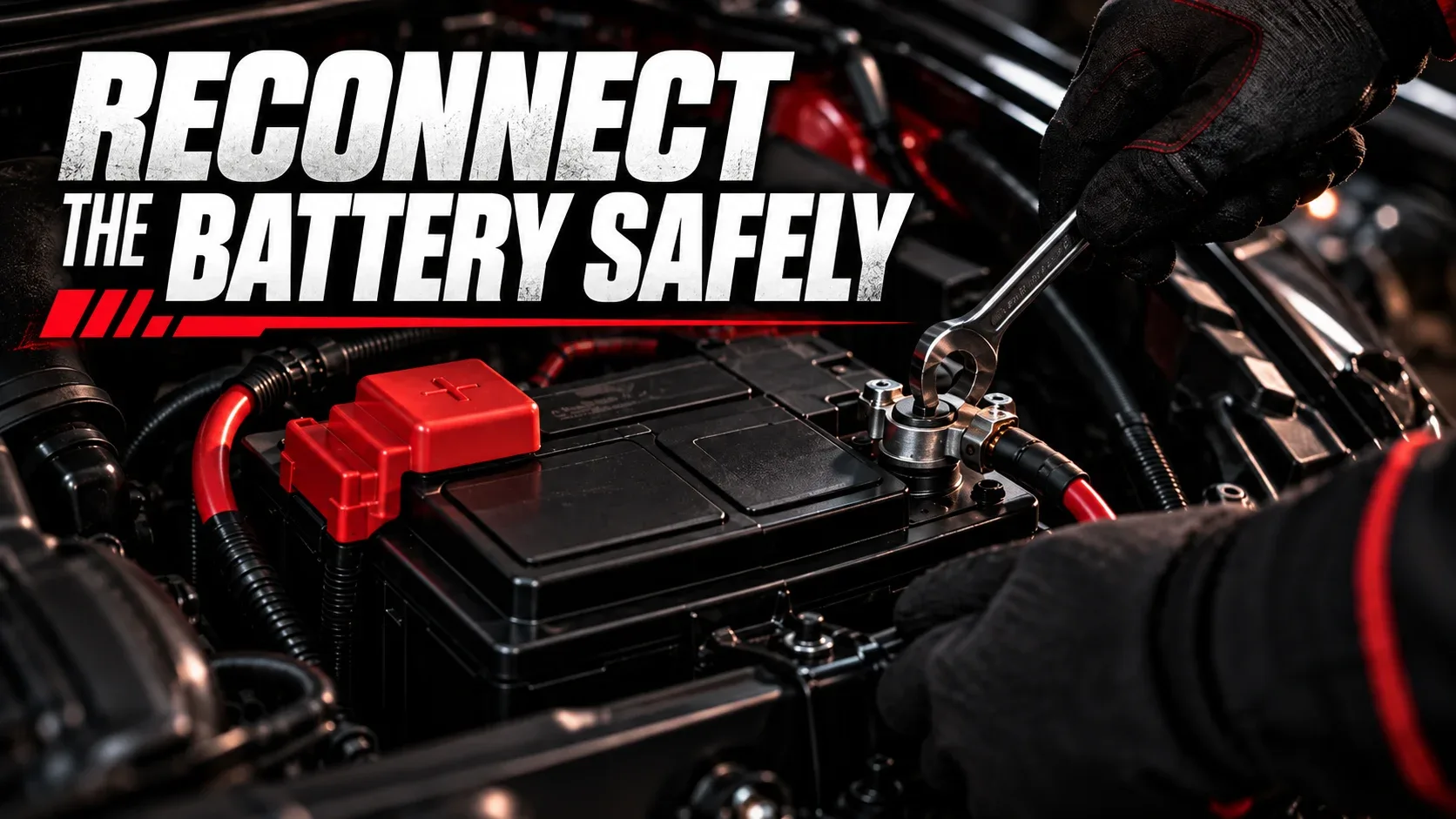 Mechanic reconnecting and tightening a clean car battery terminal clamp
