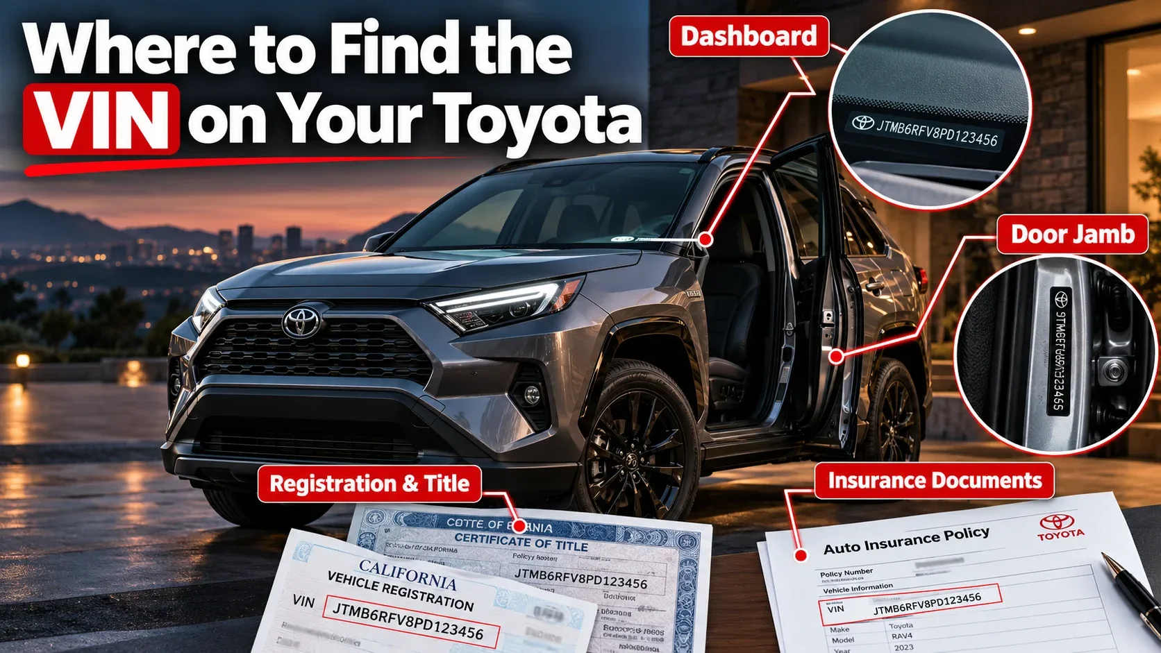 Toyota VIN locations on dashboard door jamb registration and insurance documents
