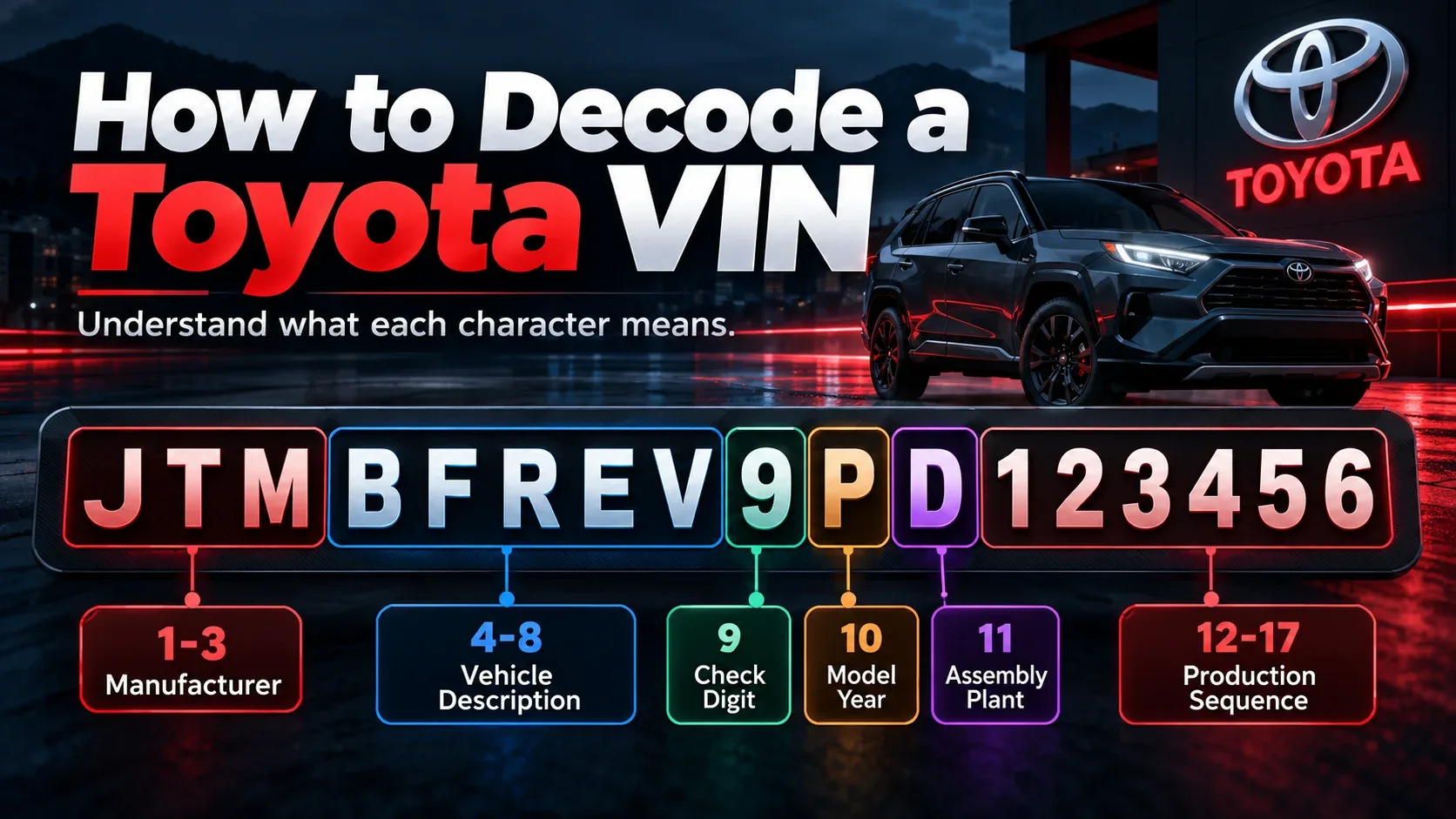 Toyota VIN decoder infographic showing manufacturer positions 1 to 3 vehicle description 4 to 8 check digit 9 model year 10 plant 11 and serial characters 12 to 17