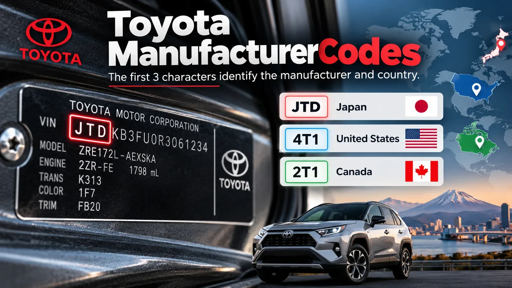 Toyota VIN manufacturer prefixes JTD Japan 4T1 United States and 2T1 Canada