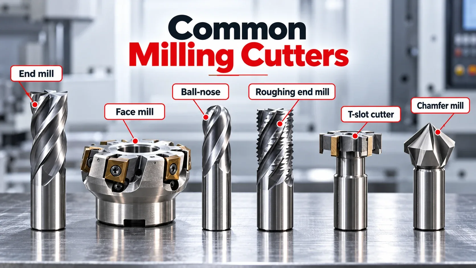 Common milling cutters including end mill, face mill, ball nose, roughing, T-slot and chamfer cutters