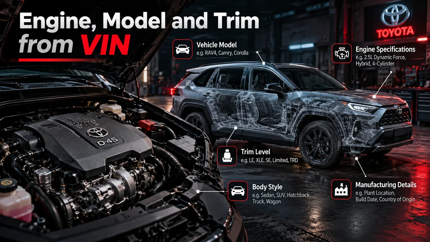 Toyota engine model trim body style and manufacturing details that a VIN lookup may help identify