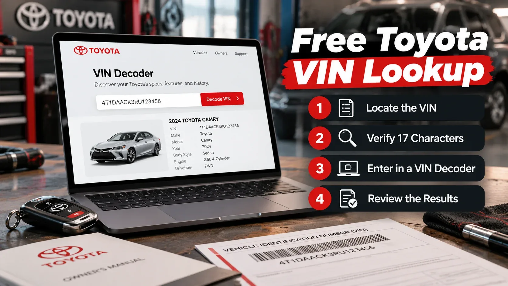 Steps for free Toyota VIN lookup by entering 17 characters into a decoder and reviewing results