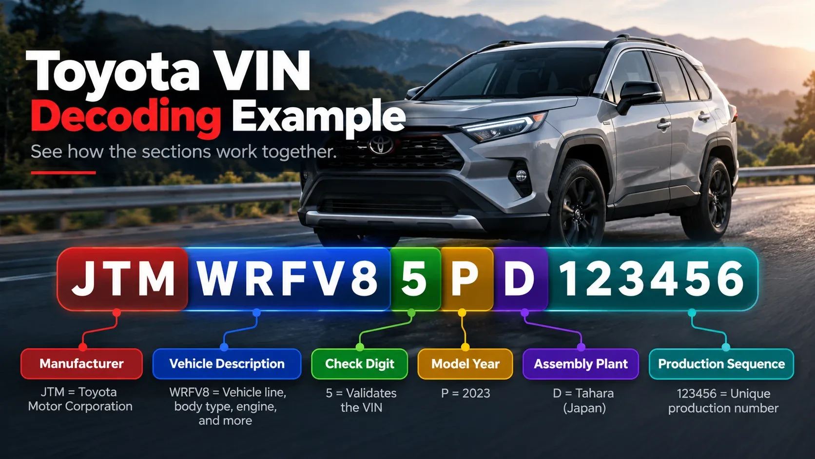 Illustrative Toyota VIN decoding example with colored segments for manufacturer descriptor check digit year plant and serial number