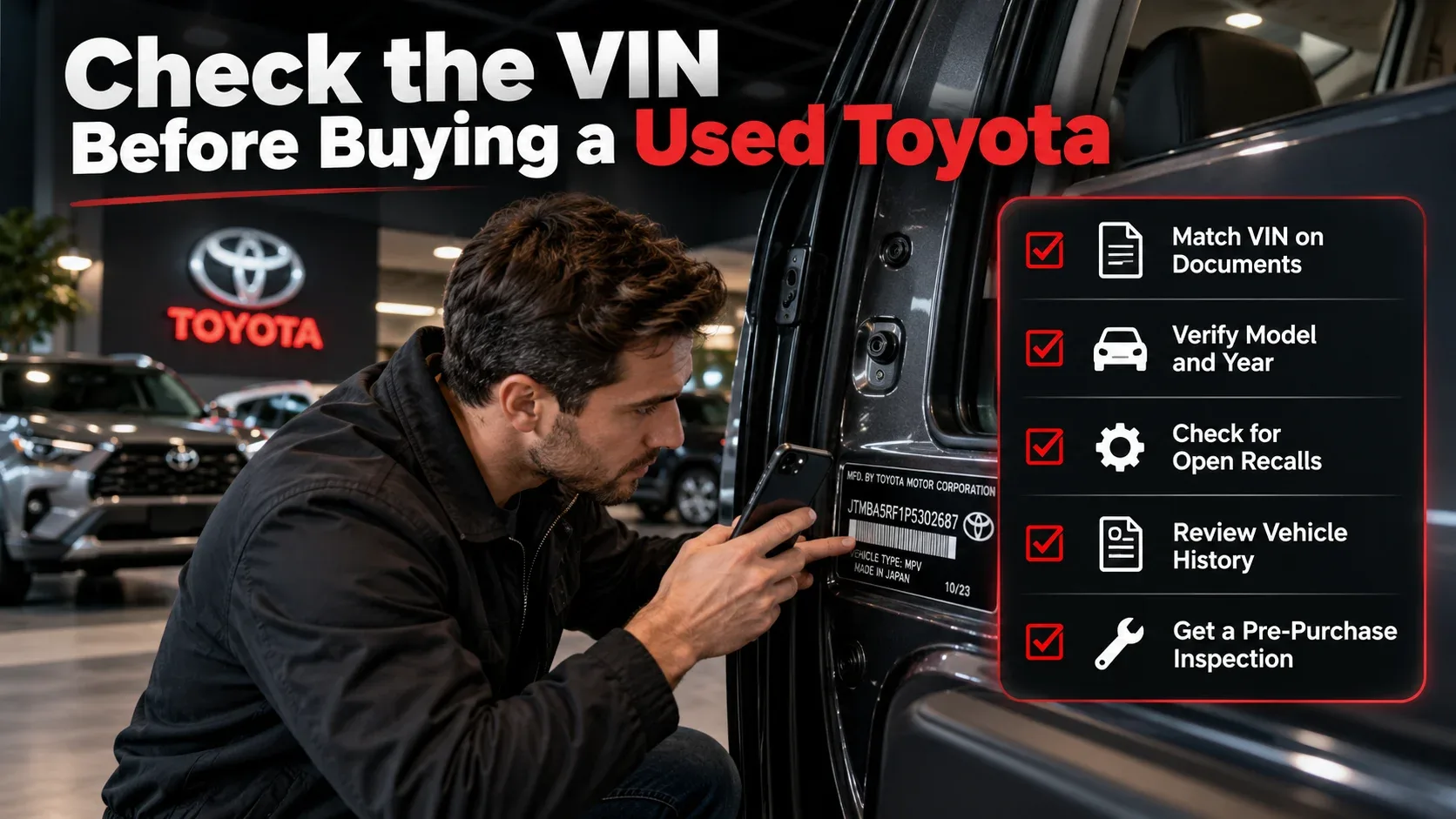 Used Toyota buyer checking door jamb VIN and checklist before purchase