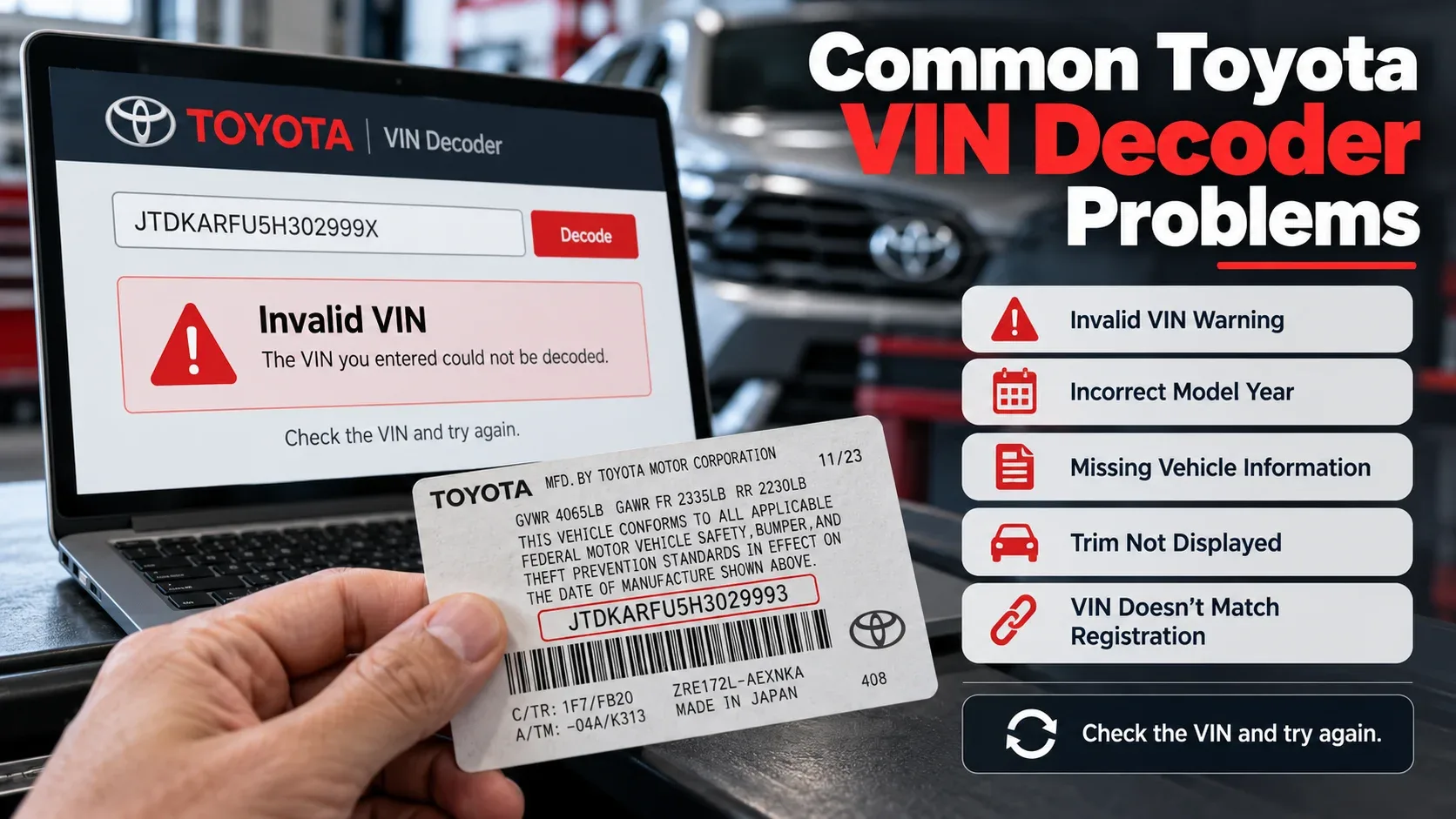Common Toyota VIN decoder problems including invalid VIN incorrect model year missing information and mismatch with registration
