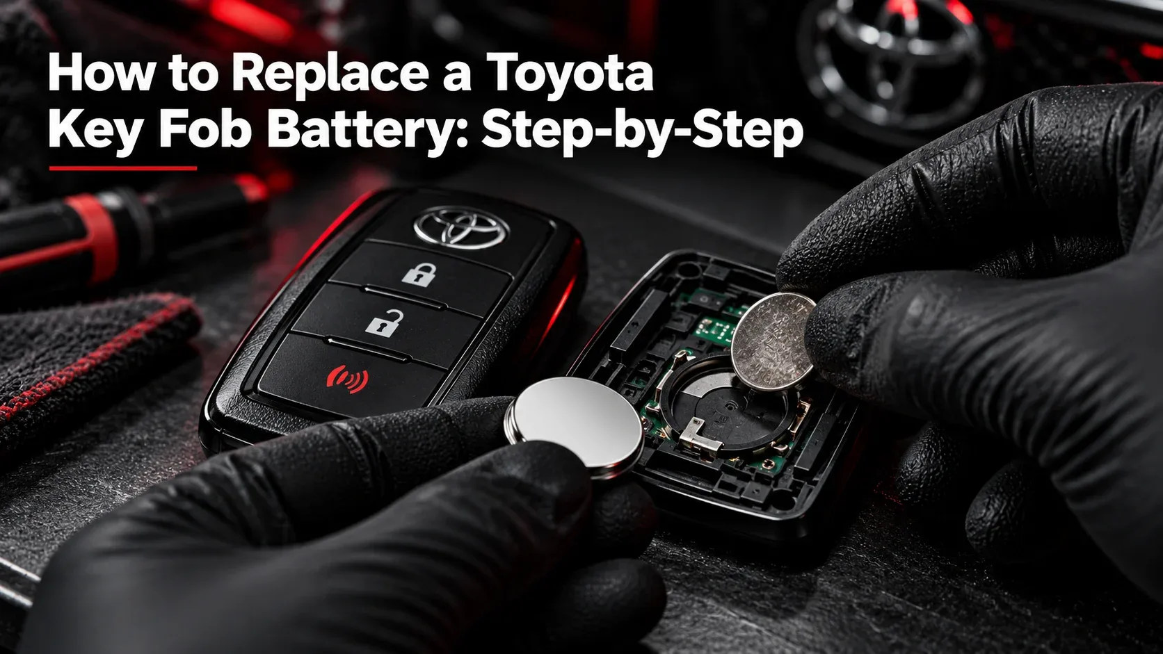 Installing a new battery inside an opened Toyota key fob